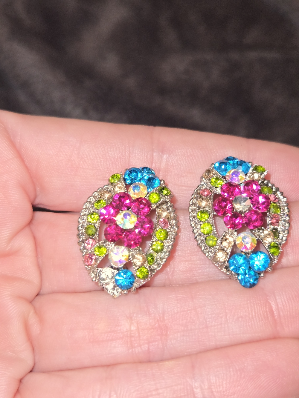 vintage 1960s Crystal Floral Teardrop Earrings - Pink, Blue & Green